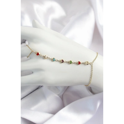 Pirinç Renkli Kalpli Zirkon Taşlı Y Model Gold Renk Kadın Şahmeran