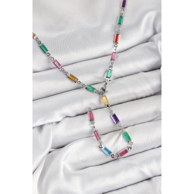 Pirinç Renkli Zirkon Taşlı Dikdörtgen Model Gümüş Renk Kadın Y Kolye