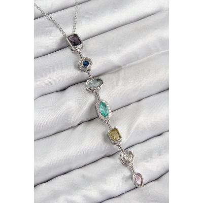 Pirinç Renkli Zirkon Taşlı Model Gümüş Renk 7 Element Kadın Y Kolye