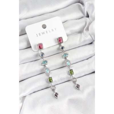 Pirinç Renkli Zirkon Taşlı Sallantılı Model Gümüş Renk Kadın Küpe