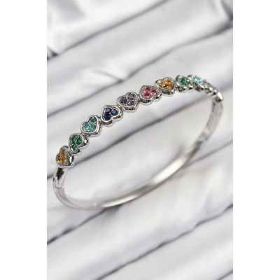 Pirinç Renkli Zirkon Taşlı Sıralı Kalp Model Gümüş Renk Kadın Kelepçe