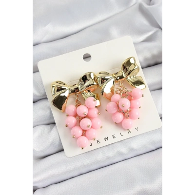 Pirinç Sallantılı Pembe Boncuklu Fiyonk Vintage Model Gold Renk Kadın Küpe