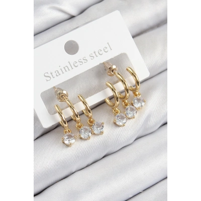 Pirinç Sallantılı Zirkon Taşlı Model Gold Renk Kadın Küpe