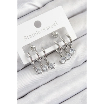 Pirinç Sallantılı Zirkon Taşlı Model Gümüş Renk Kadın Küpe