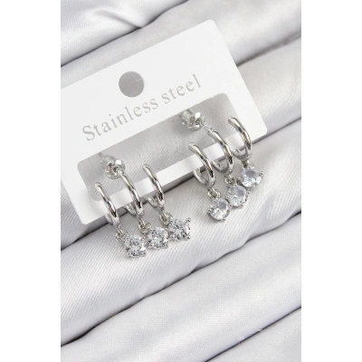 Pirinç Sallantılı Zirkon Taşlı Model Gümüş Renk Kadın Küpe