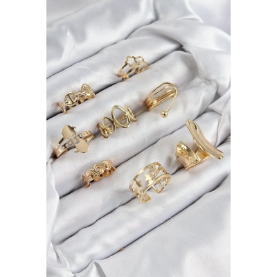 Pirinç Sarmal Ve Yıldız Model Gold Renk Kadın Yüzük Kombin Set