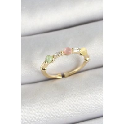 Pirinç Sıralı Boncuk Figürlü Zirkon Taşlı Gold Renk Ayarlanabilir Kadın Yüzük