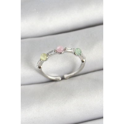 Pirinç Sıralı Boncuk Figürlü Zirkon Taşlı Gümüş Renk Ayarlanabilir Kadın Yüzük