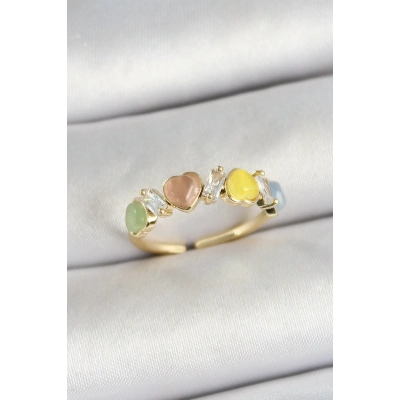 Pirinç Sıralı Kalp Figürlü Zirkon Taşlı Gold Renk Ayarlanabilir Kadın Yüzük