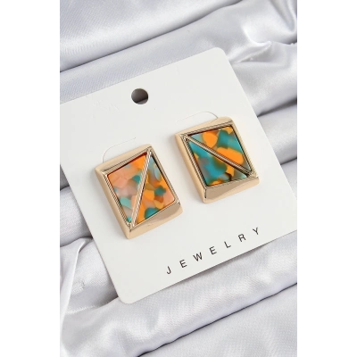 Pirinç  Turuncu Yeşil Üçgen Kesim Detaylı Kare Model Vintage Gold Renk Kadın Küpe