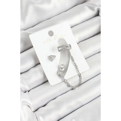 Pirinç Üçgen Figürlü Zirkon Taşlı Gümüş Renk 3lü Kıkırdak Kadın Küpe Set