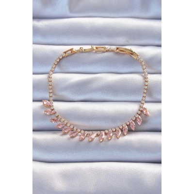 Pirinç Vip Seri Altın Renk Pembe Zirkon Taşlı Bileklik