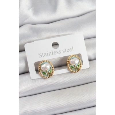 Pirinç Yeşil Mineli Lale Figürlü Sanatsal Portre Model Gold Renk Kadın Küpe