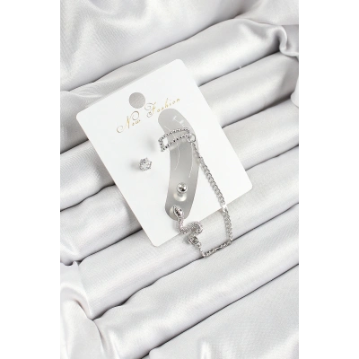 Pirinç Yılan Figürlü Zirkon Taşlı Gümüş Renk 3lü Kıkırdak Kadın Küpe Set