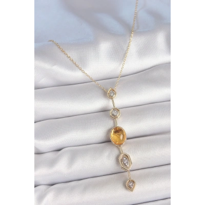 Pirinç Zincir Kehribar Sarı Gold Renk  Zirkon Taşlı Y Kolye