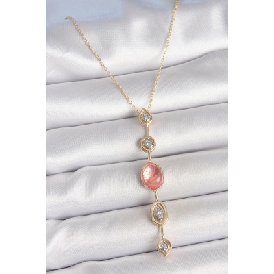 Pirinç Zincir Pembe Gold Renk Zirkon Taşlı Y Kolye