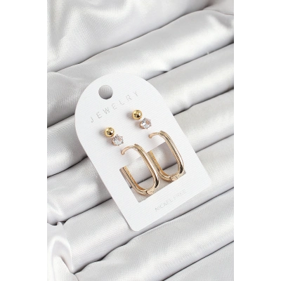 Pirinç Zirkon Taş Ve Dikdörtgen Figürlü Gold Renk 3lü Çift Kadın Küpe Set