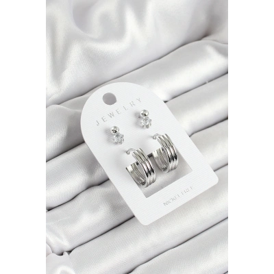 Pirinç Zirkon Taş Ve Halka Figürlü Gümüş Renk 3lü Çift Kadın Küpe Set