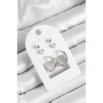 Pirinç Zirkon Taş Ve Halka Figürlü Gümüş Renk 3lü Çift Kadın Küpe Set