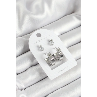 Pirinç Zirkon Taş Ve Halka Figürlü Gümüş Renk 3lü Çift Kadın Küpe Set