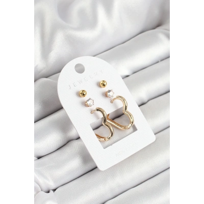 Pirinç Zirkon Taş Ve Kalp Figürlü Gold Renk 3lü Çift Kadın Küpe Set