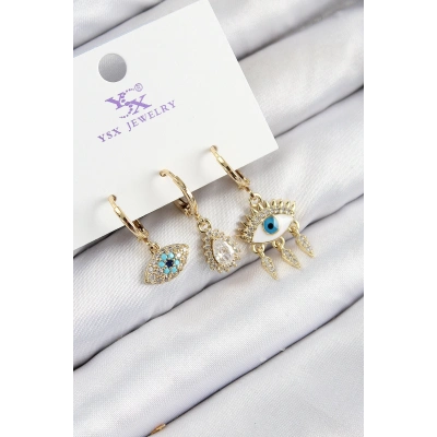 Pirinç Zirkon Taşlı 3lü Fatmanın Gözü Model Gold Renk Kadın Küpe