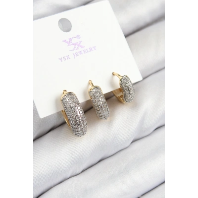 Pirinç Zirkon Taşlı 3lü Halka Model Gold Ve Gümüş Renk Kadın Küpe