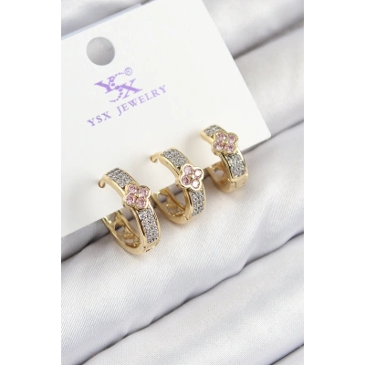 Pirinç Zirkon Taşlı 3lü Halka Yonca Model Gold Ve Gümüş Renk Kadın Küpe