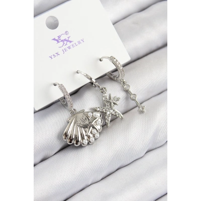 Pirinç Zirkon Taşlı 3lü Yıldız Ve İstiridye Model Gümüş Renk Kadın Küpe