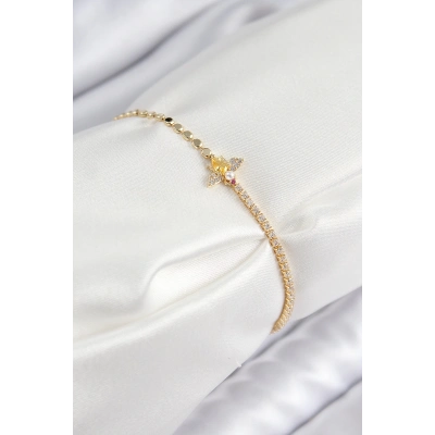 Pirinç Zirkon Taşlı Arı Model Ezme Zincir Gold Renk Kadın Bileklik