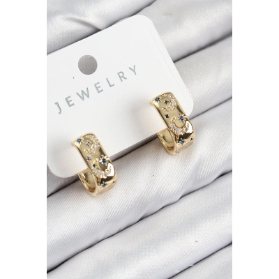 Pirinç Zirkon Taşlı Ay Desenli Model Gold Renk Kadın Küpe