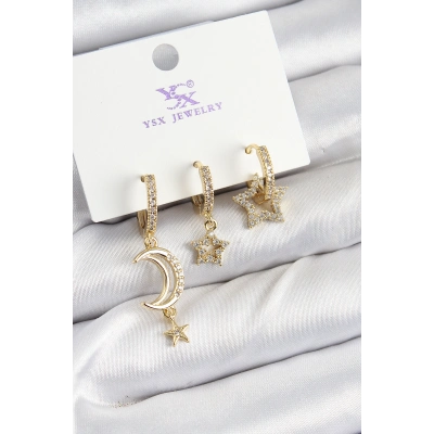 Pirinç Zİrkon Taşlı Ay Ve Hilal Model Gold Renk 3lü Kadın Küpe