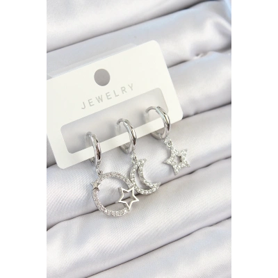 Pirinç Zirkon Taşlı Ay Ve Yıldız Model Gümüş Renk 3lü Çift Kadın Küpe Set