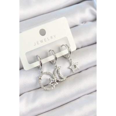 Pirinç Zirkon Taşlı Ay Ve Yıldız Model Gümüş Renk 3lü Çift Kadın Küpe Set