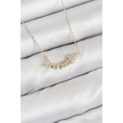 Pirinç Zirkon Taşlı Balık Kılçığı Model Gold Renk Kadın Kolye