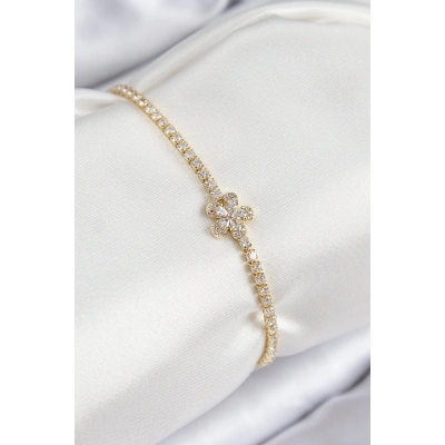 Pirinç Zirkon Taşlı Çiçek Model Gold Renk Kadın Bileklik