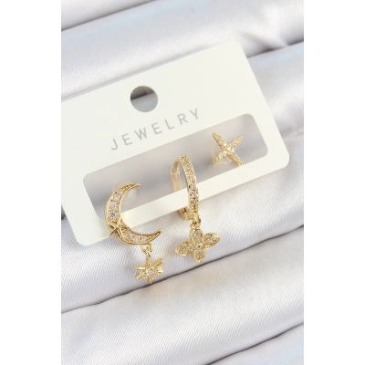 Pirinç Zirkon Taşlı Çiçek Ve Ay Model Gold Renk 3lü Çift Kadın Küpe Set