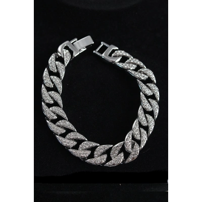 Pirinç Zirkon Taşlı Cuba Gurmet Model Gümüş Renk Erkek Bileklik