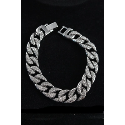 Pirinç Zirkon Taşlı Cuba Gurmet Model Gümüş Renk Erkek Bileklik