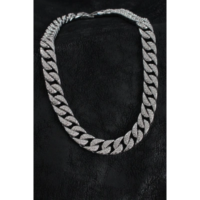 Pirinç Zirkon Taşlı Cuba Gurmet Model Gümüş Renk Erkek Kolye