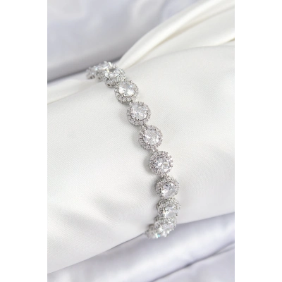 Pirinç Zirkon Taşlı Daire Baget Model Gümüş Renk VIP Seri Kadın Bileklik