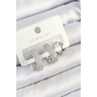 Pirinç Zirkon Taşlı Damla Model Gümüş Renk 3lü Çift Kadın Küpe Set