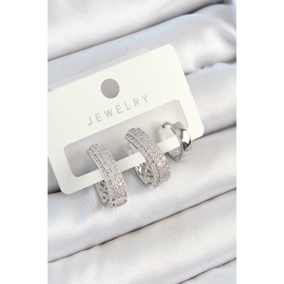 Pirinç Zirkon Taşlı Damla Model Gümüş Renk 3lü Çift Kadın Küpe Set