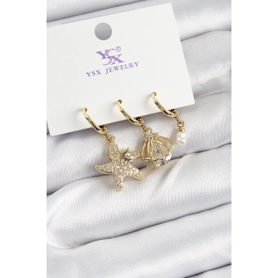 Pirinç Zİrkon Taşlı Deniz Yıldızı Ve İstiridye Model Gold Renk 3lü Kadın Küpe