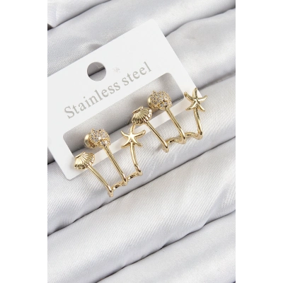 Pirinç Zirkon Taşlı Deniz Yıldızı ve İstiridye Model Gold Renk Kadın Küpe