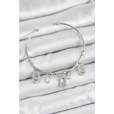 Pirinç Zirkon Taşlı Dikdörtgen Model Gümüş Renk Charm Bileklik