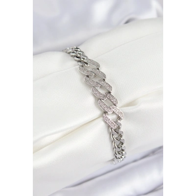 Pirinç Zirkon Taşlı Ezme Küba Zincir Model Gümüş Renk Kadın Bileklik