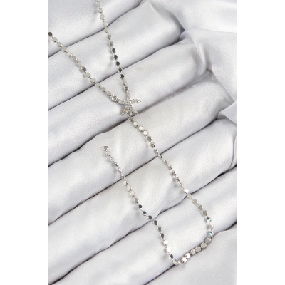 Pirinç Zirkon Taşlı Ezme Zincirli Deniz Yıldızı Model Gümüş Renk Y Kolye