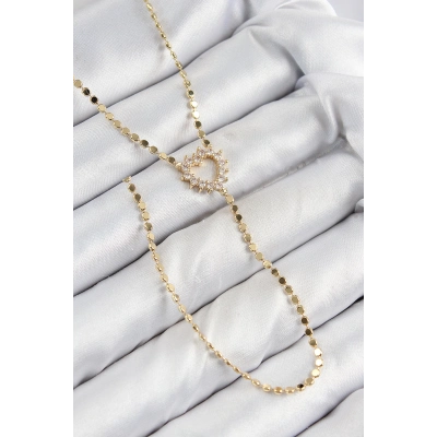 Pirinç Zirkon Taşlı Ezme Zincirli Kalp Model Gold Renk Y Kolye