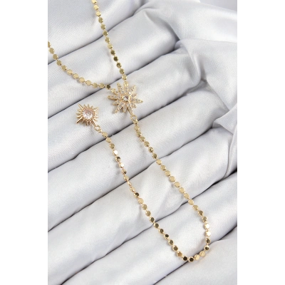 Pirinç Zirkon Taşlı Ezme Zincirli Kutup Yıldızı Model Gold Renk Y Kolye